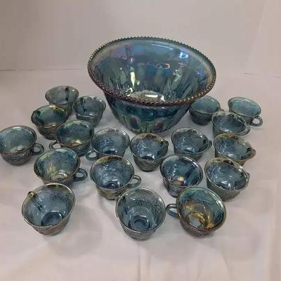 Vintage Indiana Glass Iridescent Blue Harves Carnival Punch Bowl Set 