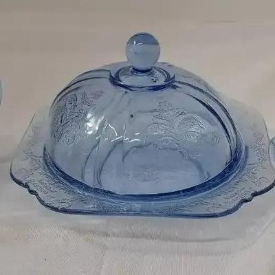 Madrid Covered Butter Dish Cream and Sugar Light Blue Depression 