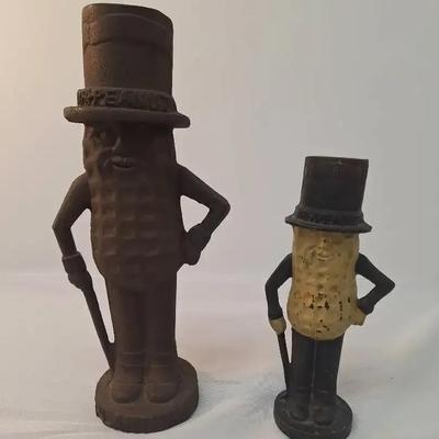 2 Vintage Cast Iron Advertising Mr. Peanut