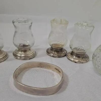 Sterling Silver and Glass Salt and Pepper Shakers - Sterling Silver Bracelet 14g