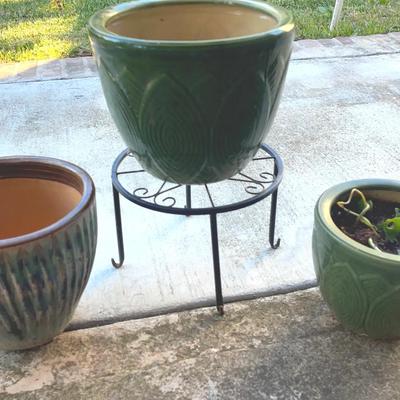Set Of 3 Green Ceramic Pots