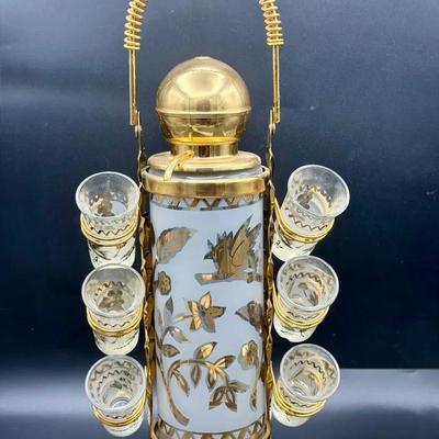 Mid Century Glenshaw Glass Works Gold Pump Decanter & 6 Shot Glasses Bar Set
