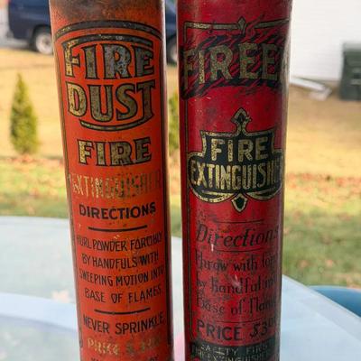 (2) vintage Fireen and Fire Dust fire extinguisher tins