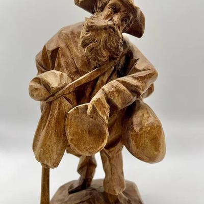 Hand Carved Wooden Folk Art Barefoot Wanderer Statue