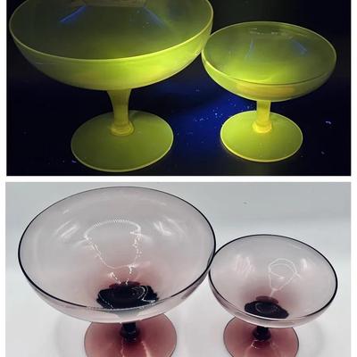 (2) Blown Glass Purple Coupes with Ultraviolet Green Glow