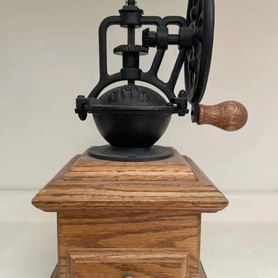 Antique or Antique-Style Manual Coffee Grinder — Cast Iron Body & Wooden Base
