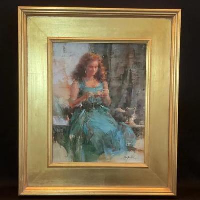 Original Painting Of Woman In Blue Dress, Signed
