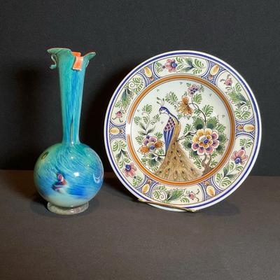 Delft Peacock Plate And Bud Vase