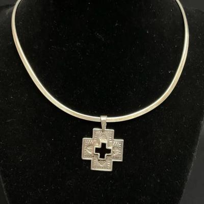 Sterling Silver Collar Choker And Cross With Onyx Inlay