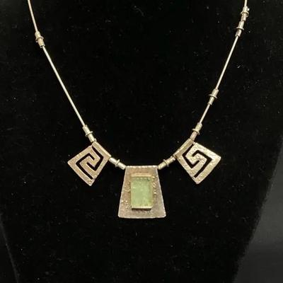 Sterling Silver Greek Key Design With Green Stone