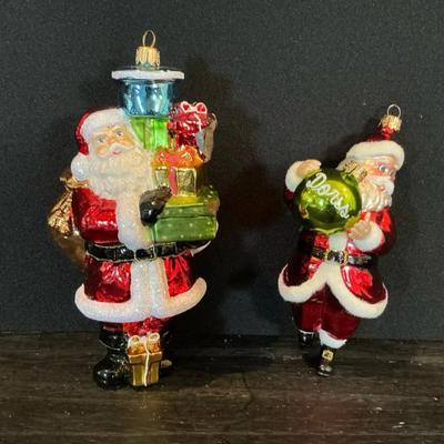 Two Hand Painted Glass Santa Ornaments 
