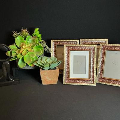 Frames, Succulents And Wood Figurine