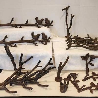 Large Lot of Cast Iron Wall Decor- Tree Branches/Birds (18 Pieces)