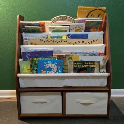 Wood & Canvas Book Stand with 2 Drawers and 63 Books