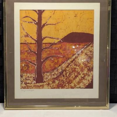 Orange Landscape Batik Framed In Glass By Cosette In 1973