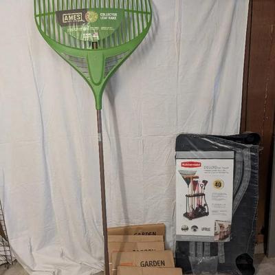 Rubber Maid Deluxe Tool Tower (New) Ames Collector Leaf Rake & 5 Garden Club Leaf Bag Bundles 