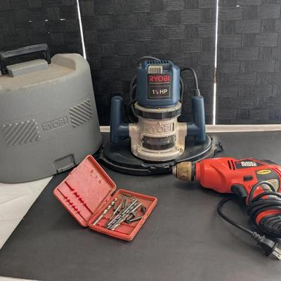 Ryobi Electric Router and Black & Decker Electric Drill (Both Powered On)