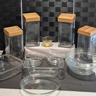 (3) OXO Glass Baking Dishes ,(1) Pyrex Pie Plate ,vintage amber glass custard cup