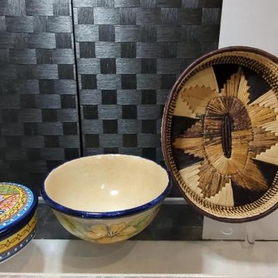Mexican Pottery Bowl, Dish with Lid & Woven Basket 