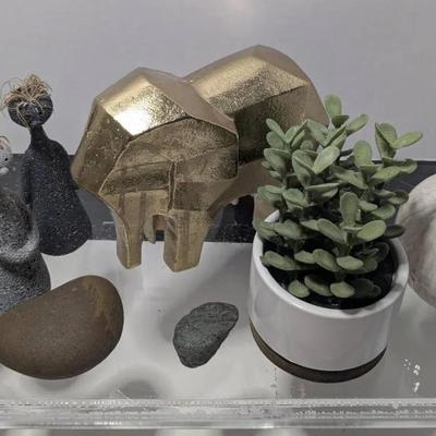 Three Whimsical Speckled Resin Figurines, Gold-toned Elephant, and More