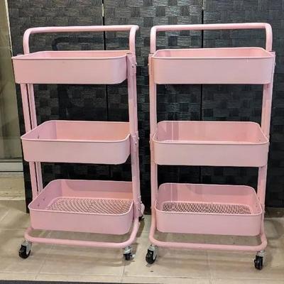 (2)Metal Pink 3 Tiered Rolling Utility Carts 