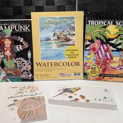 Adult Coloring Books (3) Water Color Paper  & Water Color Paints 