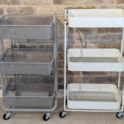 (2) Rolling 3 Tier Grey Mesh & White Utility Carts 