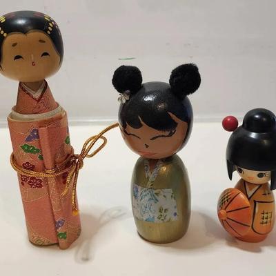 3 Japanese Kokeshi Wooden Dolls