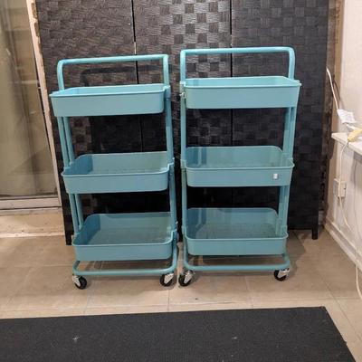 (2) Plastic Teal 3 Tiered  Rolling Utility Carts