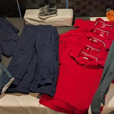 Toddler 3T: Jeans, Long Blue Pants, Blue Shorts, Red Uniform Shirts, & Gray Canvas Shoes