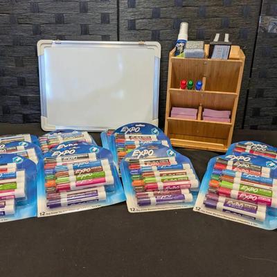Small White Board With 12 New Packages of Expo Dry Erase Markers & Rotating Caddy Organizer