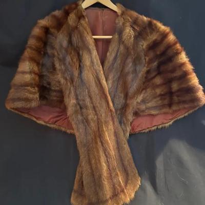 BN684 Vintage Dark Brown Striped Sable Mink Fur Shawl