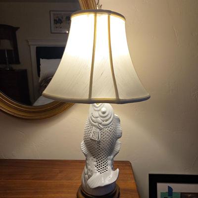 White Porcelain Fish Table Lamp – Pierced Ceramic Koi Design