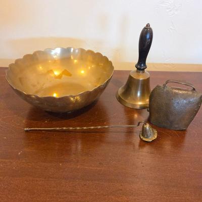 Vintage Solid Brass Scalloped Decorative Bowl, Hand Bell, Candle Snuffer & Old Hand-Crafted Metal Cowbell