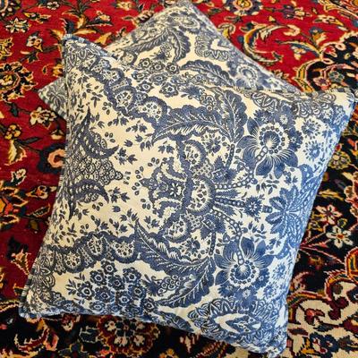Lot #8 - Pair Blue & White Damask Decorative Throw Pillows • Traditional Floral Pattern • 16" Square