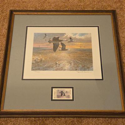 1985 Texas Duck Snow Geese Stamp and Print by John P Cowan