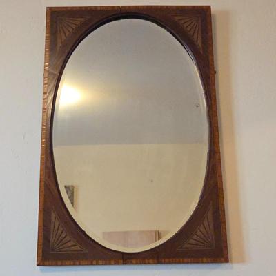 Antique Art Deco Wooden-Framed Wall Mirror - Oval Beveled Glass, Geometric Wood Frame