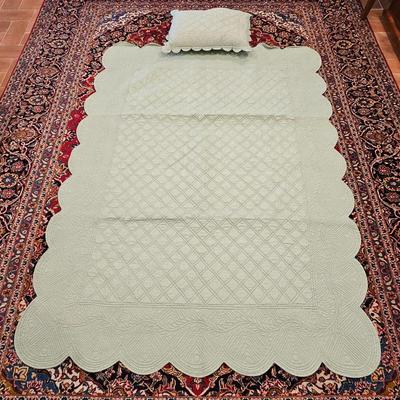 Lot #5 - Vintage Light Green Quilted Coverlet & Pillow Set • Scalloped Edges • Cottage Shabby Chic Bedding