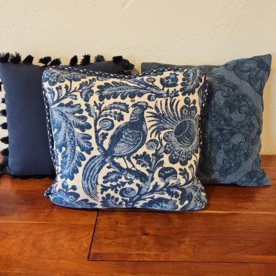 Lot #23 - Set of 3 Blue Decorative Throw Pillows • Bird Toile, Pottery Barn Pom-Pom Trim, PB Paisley • Cottage Coastal Mix 