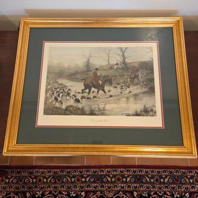 Framed Equestrian Fox Hunting Print – “Crossing the Ford” – Classic English Sporting Art