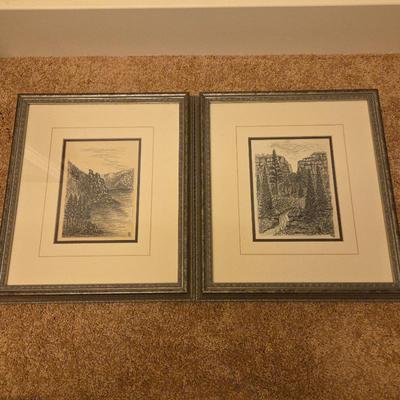 Set of 2 Framed Pencil Sketch Landscapes – Sheridan Lake & Spearfish Canyon Country - Mountain & Forest Scenes