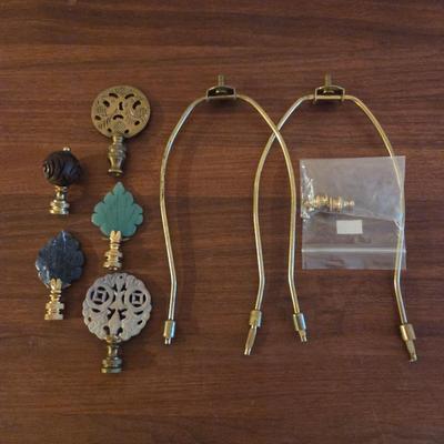 Vintage Lamp Finials Lot w/ 2 Brass Harps • Carved Resin & Metal Finials • Lighting Hardware