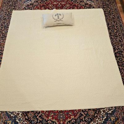 Lot #16 - Cream Quilted Coverlet w/ “Paris” Accent Pillow • French Country Cottage Bedding