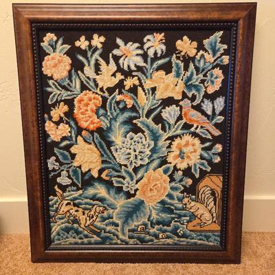 Vintage Framed Needlepoint Tapestry – Floral Scene w/ Dog, Squirrel & Bird – Folk Art Style