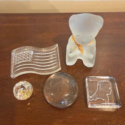 Lot of 5 Crystal & Glass Paperweights • Swedish Frosted Bear, Waterford American Flag, Brown & Haywood, Swarovski Faceted Gem,...