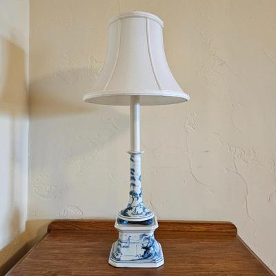 Lot #3 - Blue & White Hand-Painted English Chinoiserie Table Lamp • Porcelain Base • Classic Asian Landscape Pattern w/ Shade