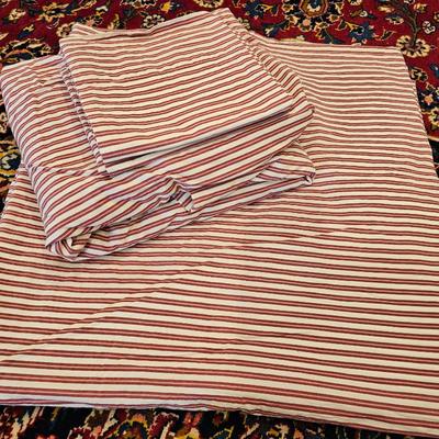 Lot #20 - Pottery Barn Red & White Stripe Sheet Set • Queen Sheets & Pillow Cases • Farmhouse Cottage Ticking Stripe