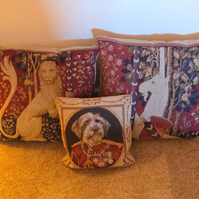 Jules Pansu Medieval Tapestry Throw Pillows Lot • Unicorn Lion Hunt Scene + Chelsea Textiles Dog Portrait Pillow
