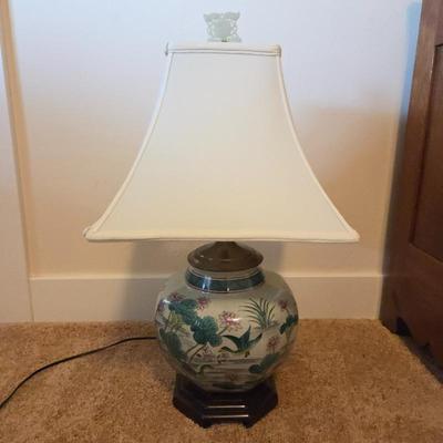 Asian Porcelain Table Lamp w/ Lotus Flowers, Ducks – Hand Painted Ceramic Vase Lamp - Pond Scene