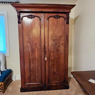 Lot #106 - Antique Mahogany Armoire Wardrobe w/ Carved Details & Key Tassel – Beautiful Grain